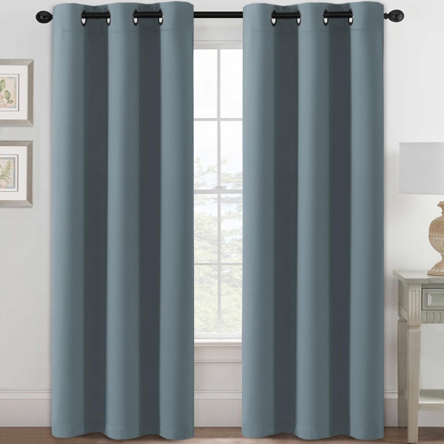 H.VERSAILTEX Stone Blue Blackout Curtains for Bedroom/Living Room 2 Panels Set - Thermal Insulated Room Darkening Grommet Top Blue Curtains