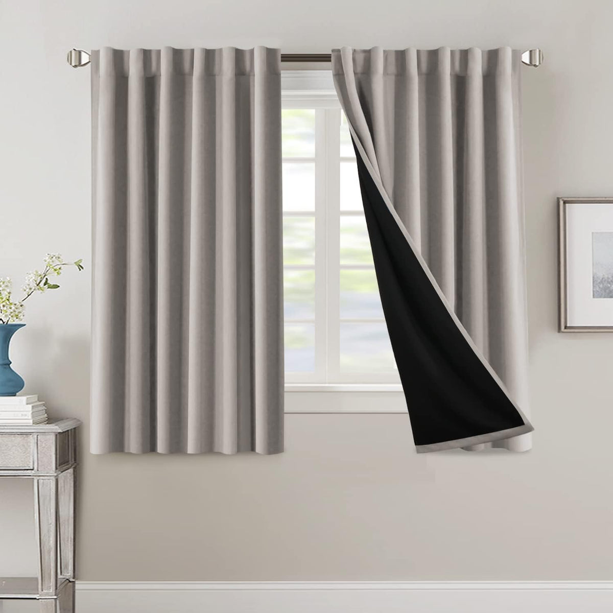 H.VERSAILTEX 100% Blackout Curtains for Bedroom with Black Liner Full Room Darkening Curtains 84 Inch Long Thermal Insulated Back Tab/Rod Pocket Window Drapes for Living Room, 2 Panels, Natural Sand