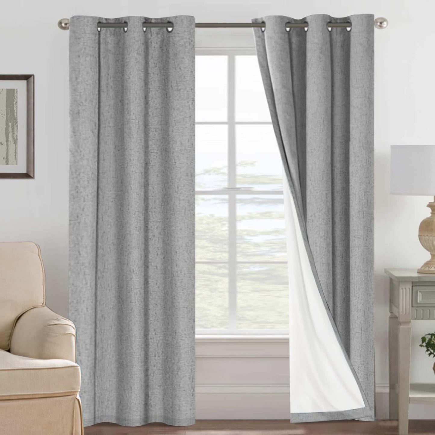 2pcs H.VERSAILTEX Blackout Linen Curtains, 100% Blackout Drapes Textured Blackout Curtains with White Thermal Insulated Liner, Grommet Top Curtains Living Room