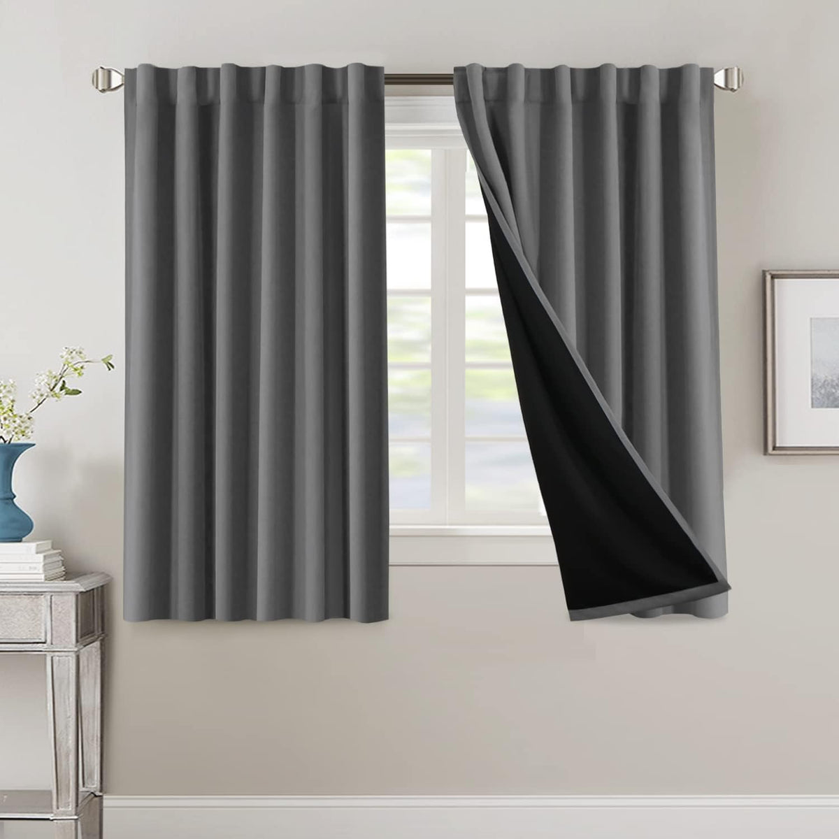H.VERSAILTEX 100% Blackout Curtains for Bedroom with Black Liner Full Room Darkening Curtains 84 Inch Long Thermal Insulated Back Tab/Rod Pocket Window Drapes for Living Room, 2 Panels, Natural Sand