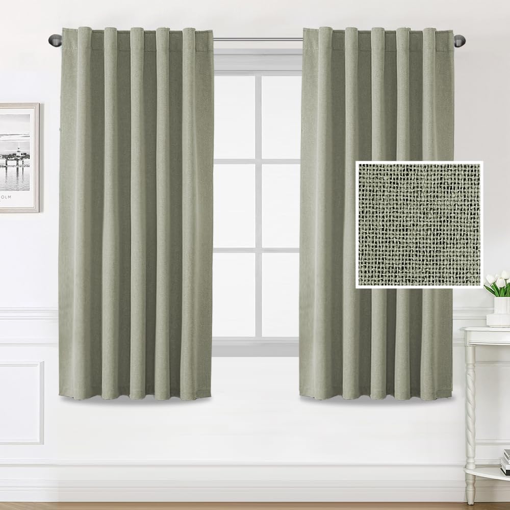 H.VERSAILTEX 100% Blackout Linen Look Curtains for Bedroom 84 inch Light Blocking Drapes with Double Face Linen Back Tab Loop Pocket Textured Burlap Curtains for Living Room 2 Panels, Heather White