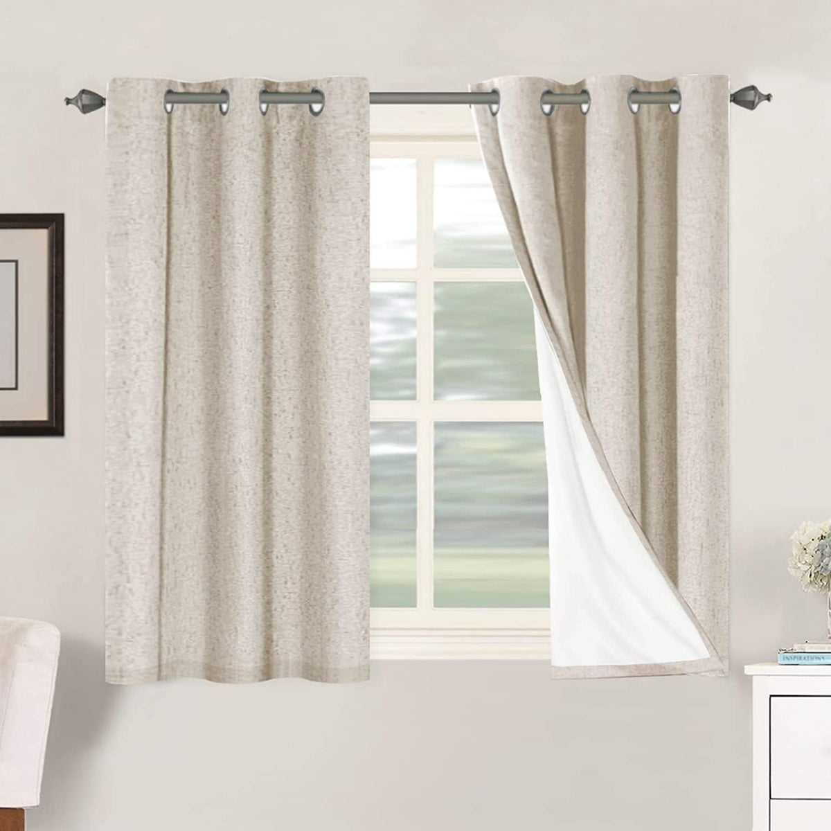 2pcs H.VERSAILTEX Blackout Linen Curtains, 100% Blackout Drapes Textured Blackout Curtains with White Thermal Insulated Liner, Grommet Top Curtains Living Room