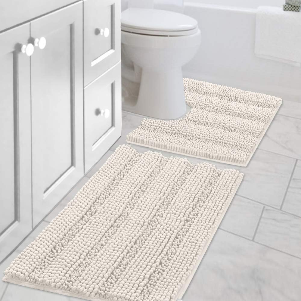 2pcs H.VERSAILTEX Sage Bathroom Rugs, Bath Mat Set of 2 Extra Thick Chenille Striped Pattern Shaggy Bath Rugs for Bathroom, Non Skid Bath Mats for Bathroom Floor