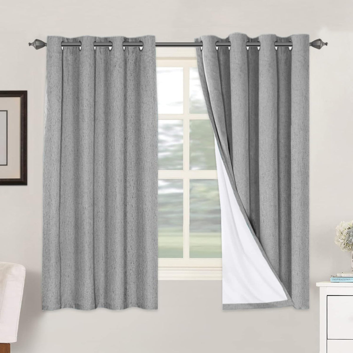 2 pcs  H.VERSAILTEX 100% Blackout Linen Curtains Full Light Blocking Curtains for Bedroom, Textured Window Curtains for Living Room, Energy Efficient Curtains White Liner