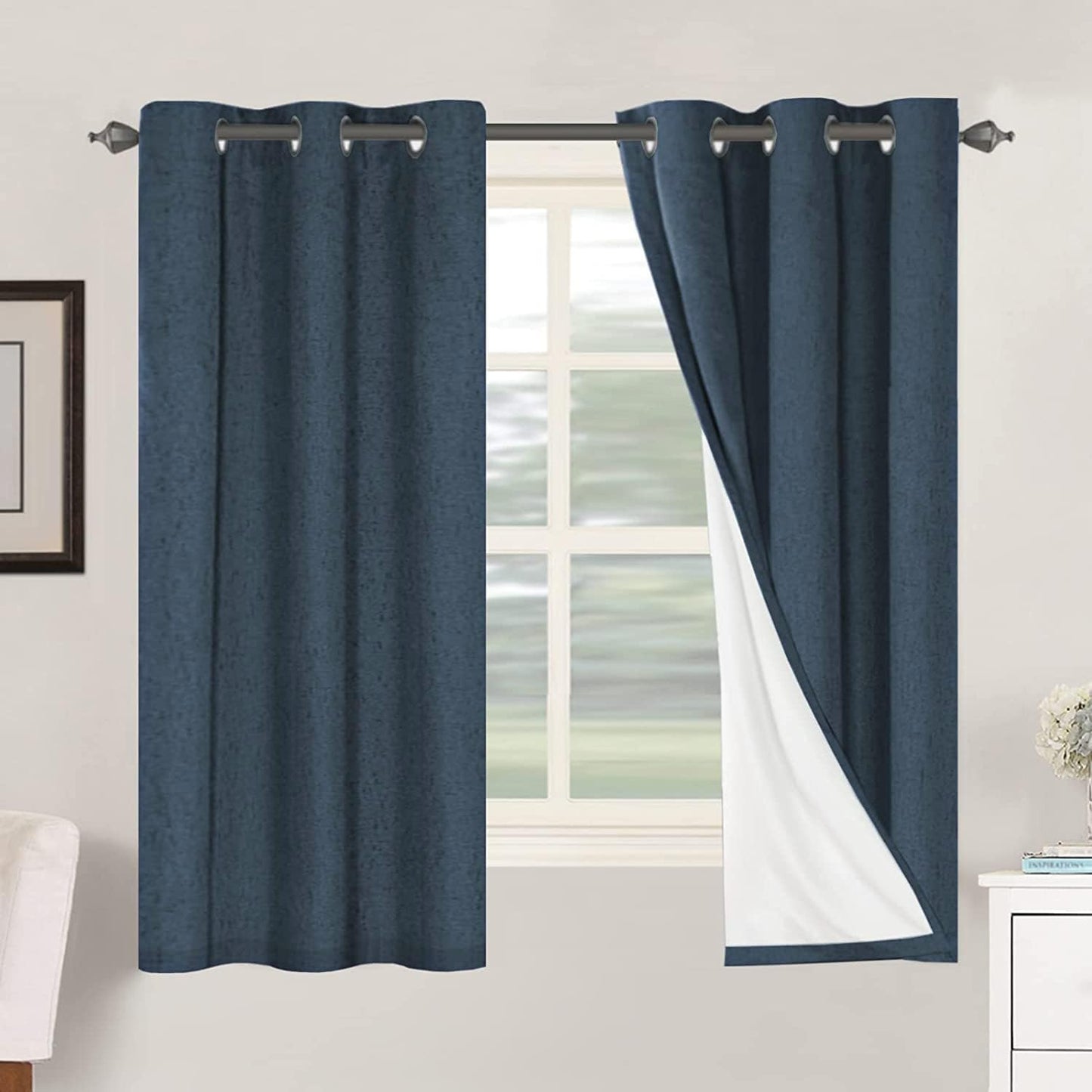 2pcs H.VERSAILTEX Blackout Linen Curtains, 100% Blackout Drapes Textured Blackout Curtains with White Thermal Insulated Liner, Grommet Top Curtains Living Room