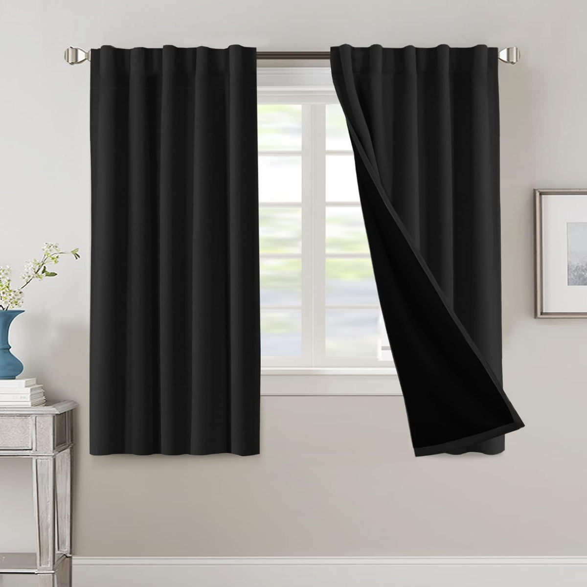 H.VERSAILTEX 100% Blackout Curtains for Bedroom with Black Liner Full Room Darkening Curtains 84 Inch Long Thermal Insulated Back Tab/Rod Pocket Window Drapes for Living Room, 2 Panels, Natural Sand