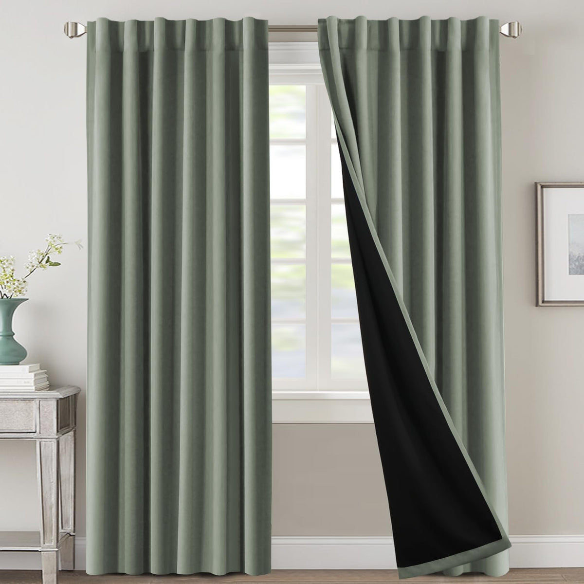 H.VERSAILTEX 100% Blackout Curtains for Bedroom with Black Liner Full Room Darkening Curtains 84 Inch Long Thermal Insulated Back Tab/Rod Pocket Window Drapes for Living Room, 2 Panels, Natural Sand