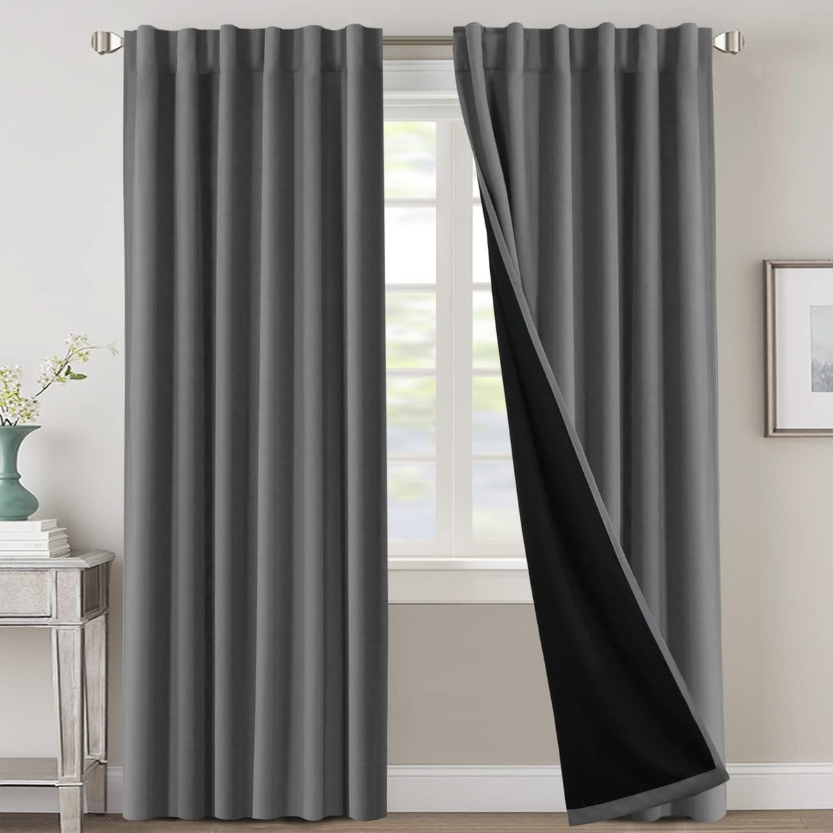H.VERSAILTEX 100% Blackout Curtains for Bedroom with Black Liner Full Room Darkening Curtains 84 Inch Long Thermal Insulated Back Tab/Rod Pocket Window Drapes for Living Room, 2 Panels, Natural Sand