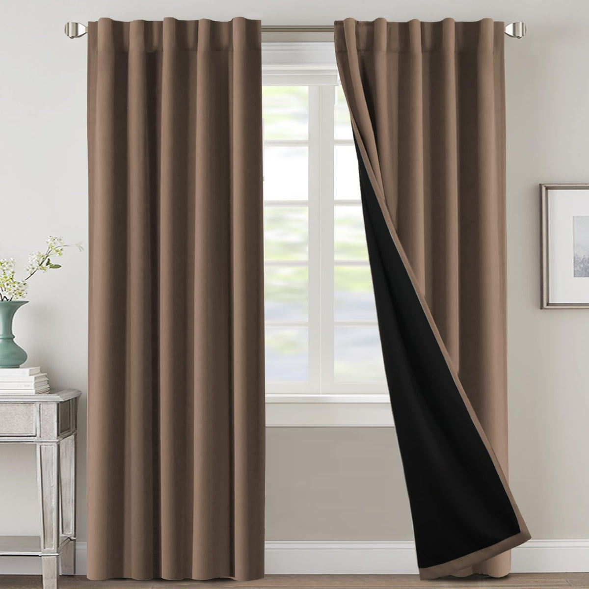 H.VERSAILTEX 100% Blackout Curtains for Bedroom with Black Liner Full Room Darkening Curtains 84 Inch Long Thermal Insulated Back Tab/Rod Pocket Window Drapes for Living Room, 2 Panels, Natural Sand