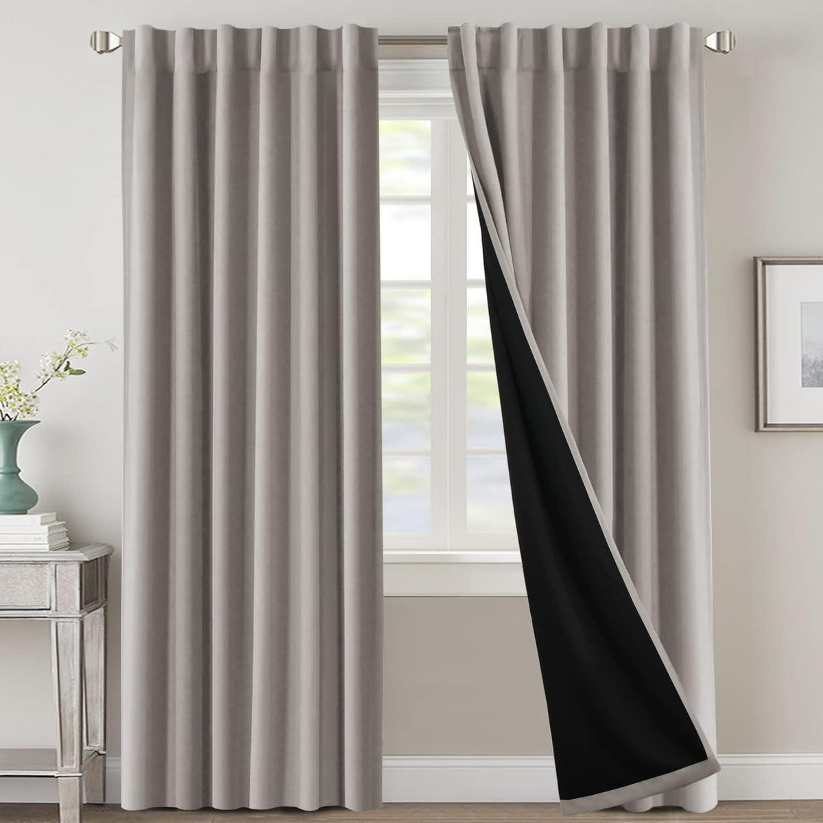 H.VERSAILTEX 100% Blackout Curtains for Bedroom with Black Liner Full Room Darkening Curtains 84 Inch Long Thermal Insulated Back Tab/Rod Pocket Window Drapes for Living Room, 2 Panels, Natural Sand