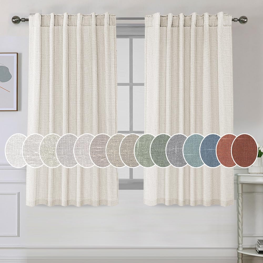 H.VERSAILTEX Natural Linen Curtains 45 inches Long for Living Room 2 Panels Back Tab Loop Pocket Linen Semi Sheer Curtains Light Filtering Rustic Farmhouse Boho Curtain for Bedroom