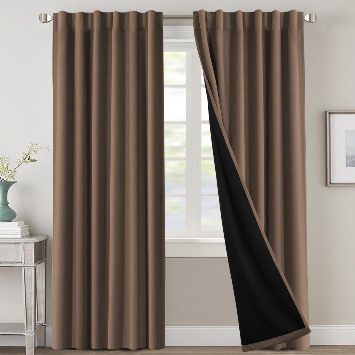 H.VERSAILTEX 100% Blackout Curtains for Bedroom with Black Liner Full Room Darkening Curtains 84 Inch Long Thermal Insulated Back Tab/Rod Pocket Window Drapes for Living Room, 2 Panels, Natural Sand