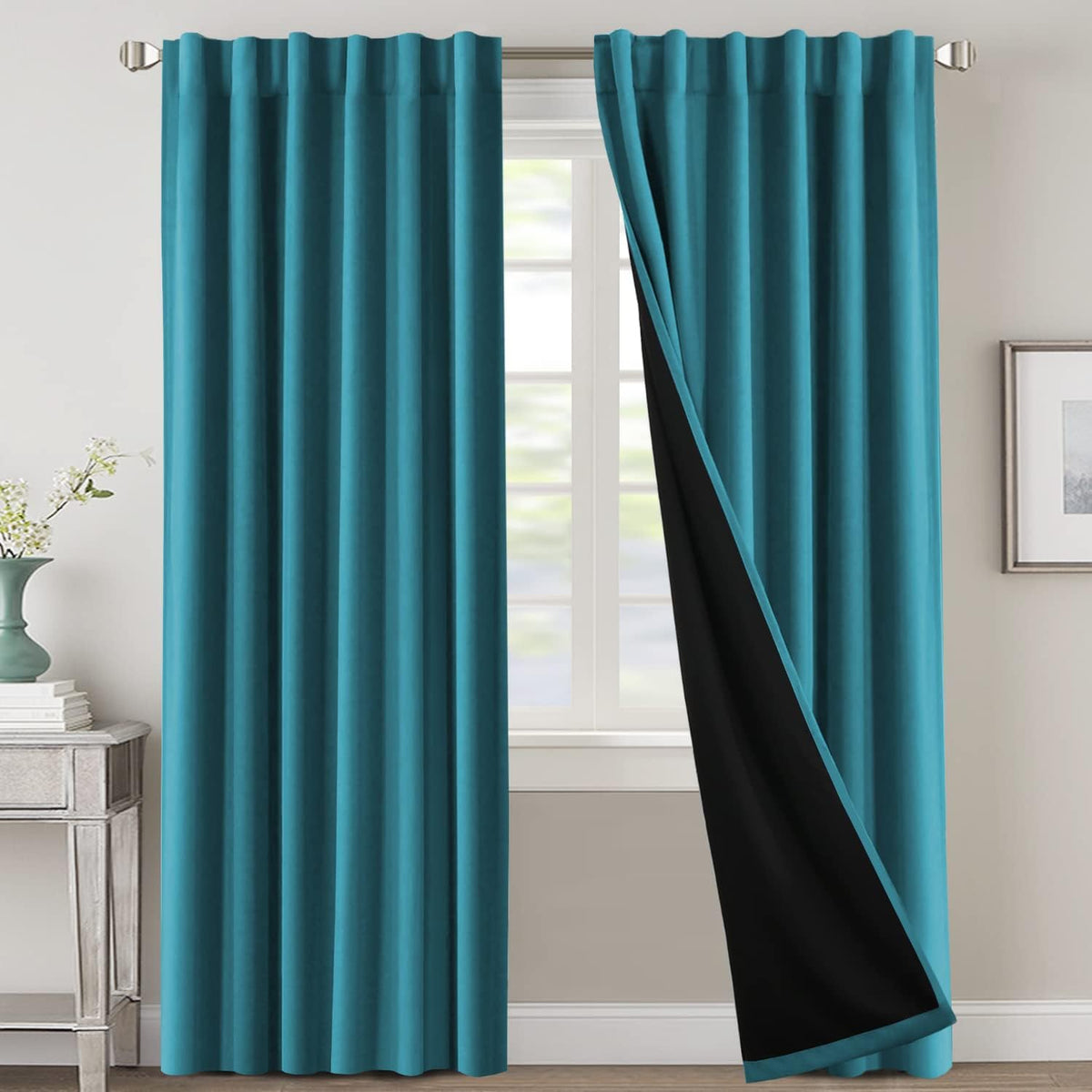 H.VERSAILTEX 100% Blackout Curtains for Bedroom with Black Liner Full Room Darkening Curtains 84 Inch Long Thermal Insulated Back Tab/Rod Pocket Window Drapes for Living Room, 2 Panels, Natural Sand