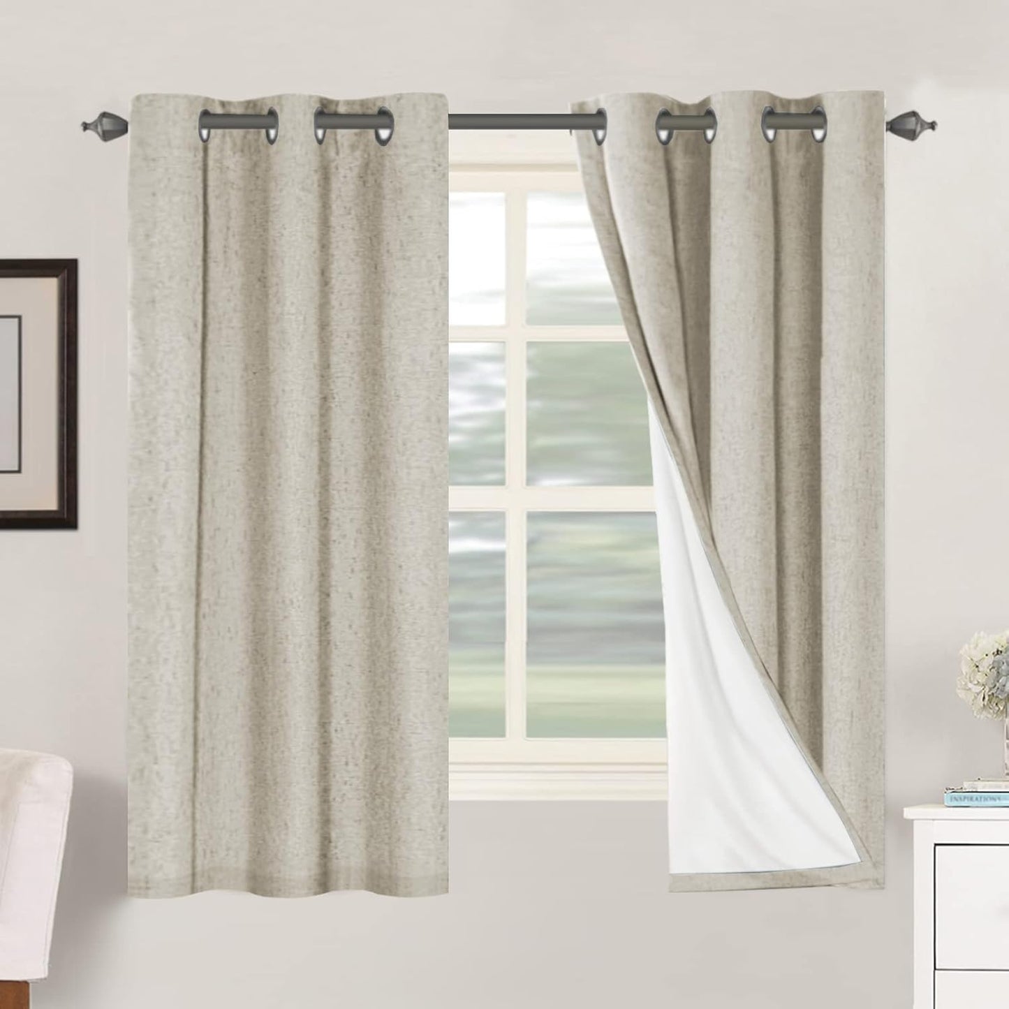 2pcs H.VERSAILTEX Blackout Linen Curtains, 100% Blackout Drapes Textured Blackout Curtains with White Thermal Insulated Liner, Grommet Top Curtains Living Room