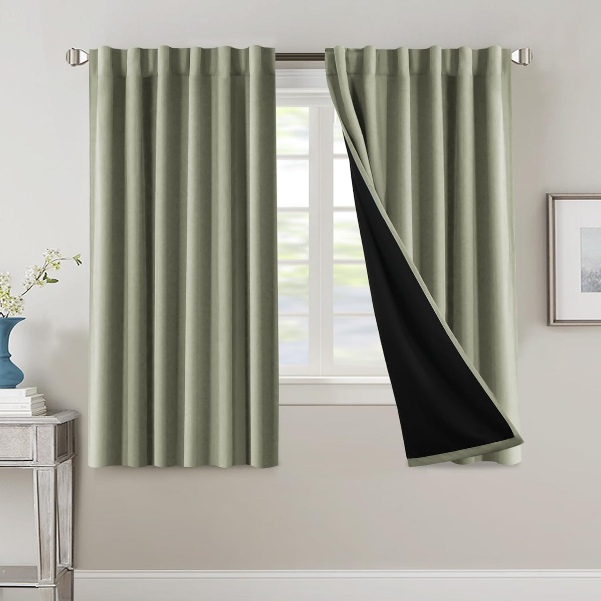 H.VERSAILTEX 100% Blackout Curtains for Bedroom with Black Liner Full Room Darkening Curtains 84 Inch Long Thermal Insulated Back Tab/Rod Pocket Window Drapes for Living Room, 2 Panels, Natural Sand