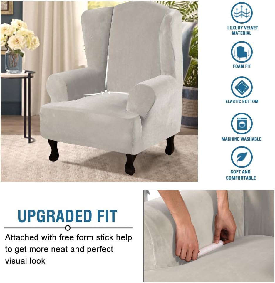 H.VERSAILTEX Velvet Wingback Chair Cover – Plush High Stretch Slipcover, 1 Piece