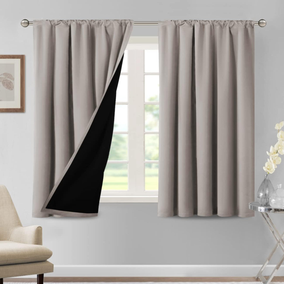 H.VERSAILTEX 100% Blackout Curtains for Bedroom Short Curtains Half Window Curtains for Kitchen, Privacy Energy Saving Curtain Tiers for Bathroom Shades, W 42 x L 36 inch, Pumice Stone, Set of 2