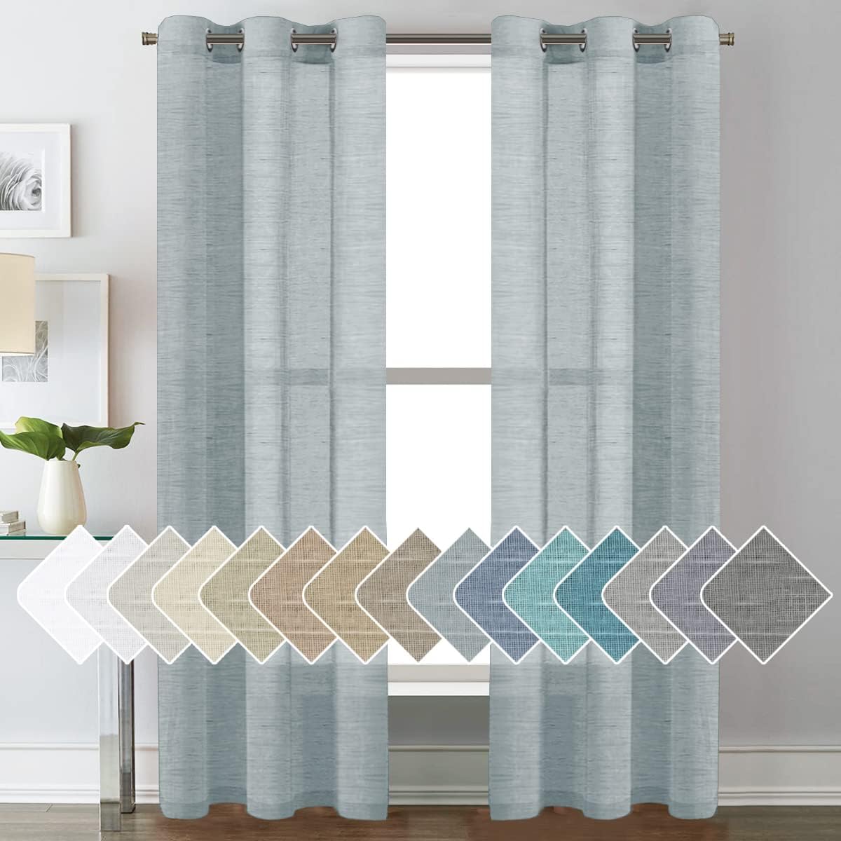 2pcs H.VERSAILTEX Natural Linen Sheer Curtains Flax Linen Blended Curtain Panels Living Room Sheer Curtains, Nickel Grommet Semitransparent Semi-Sheer Soft Privacy Drapes