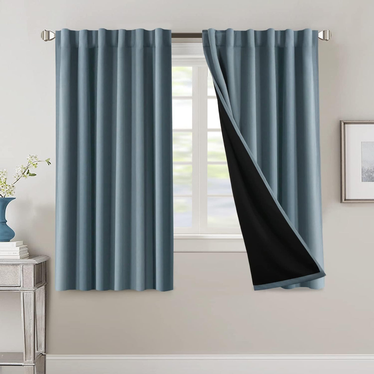 H.VERSAILTEX 100% Blackout Curtains for Bedroom with Black Liner Full Room Darkening Curtains 84 Inch Long Thermal Insulated Back Tab/Rod Pocket Window Drapes for Living Room, 2 Panels, Natural Sand