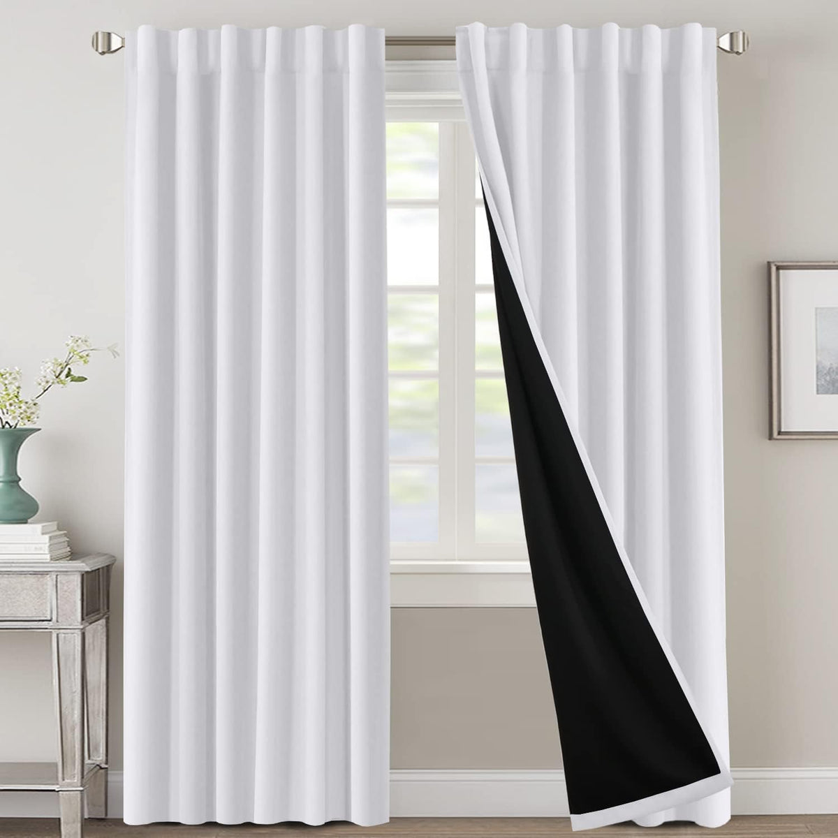 H.VERSAILTEX 100% Blackout Curtains for Bedroom with Black Liner Full Room Darkening Curtains 84 Inch Long Thermal Insulated Back Tab/Rod Pocket Window Drapes for Living Room, 2 Panels, Natural Sand