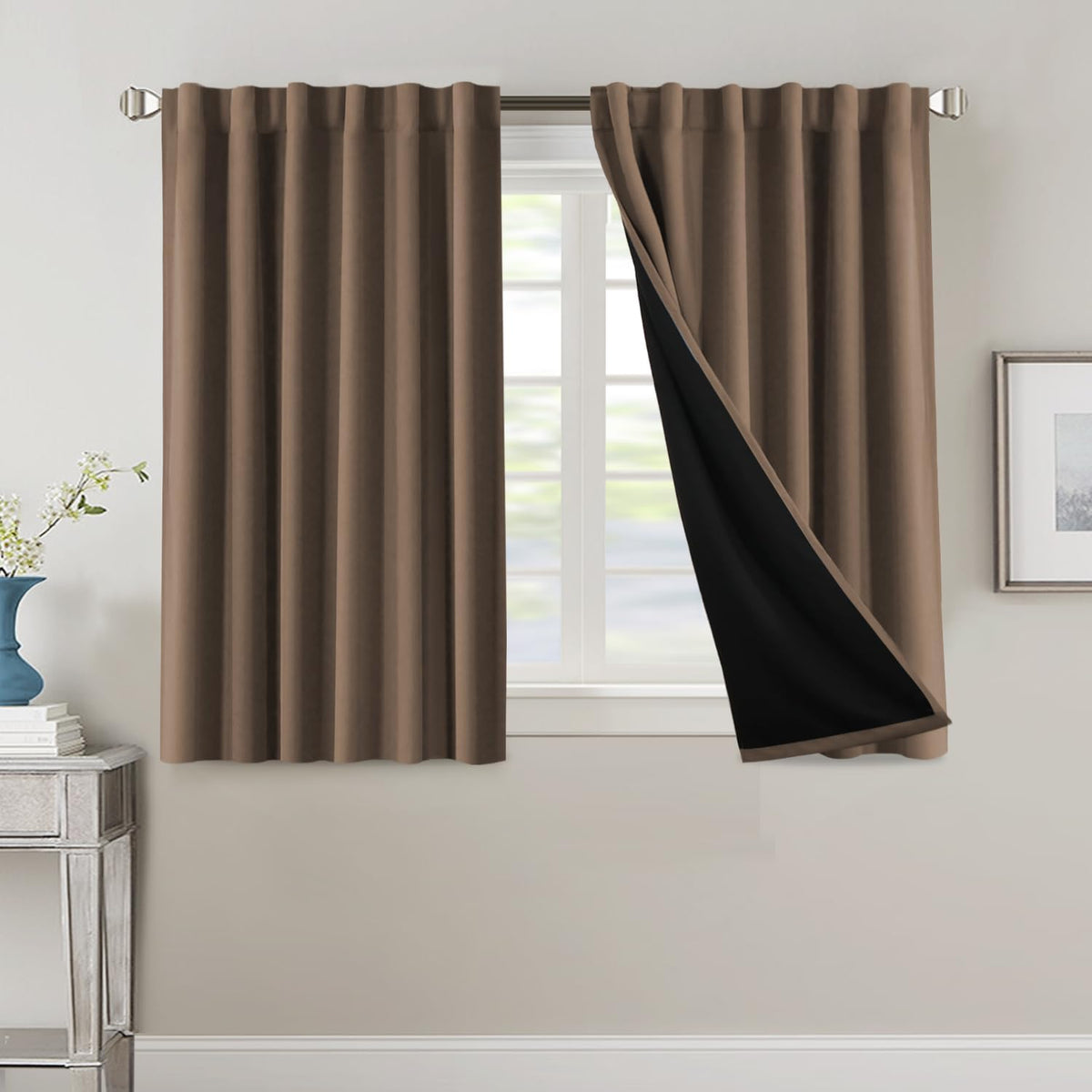 H.VERSAILTEX 100% Blackout Curtains for Bedroom with Black Liner Full Room Darkening Curtains 84 Inch Long Thermal Insulated Back Tab/Rod Pocket Window Drapes for Living Room, 2 Panels, Natural Sand