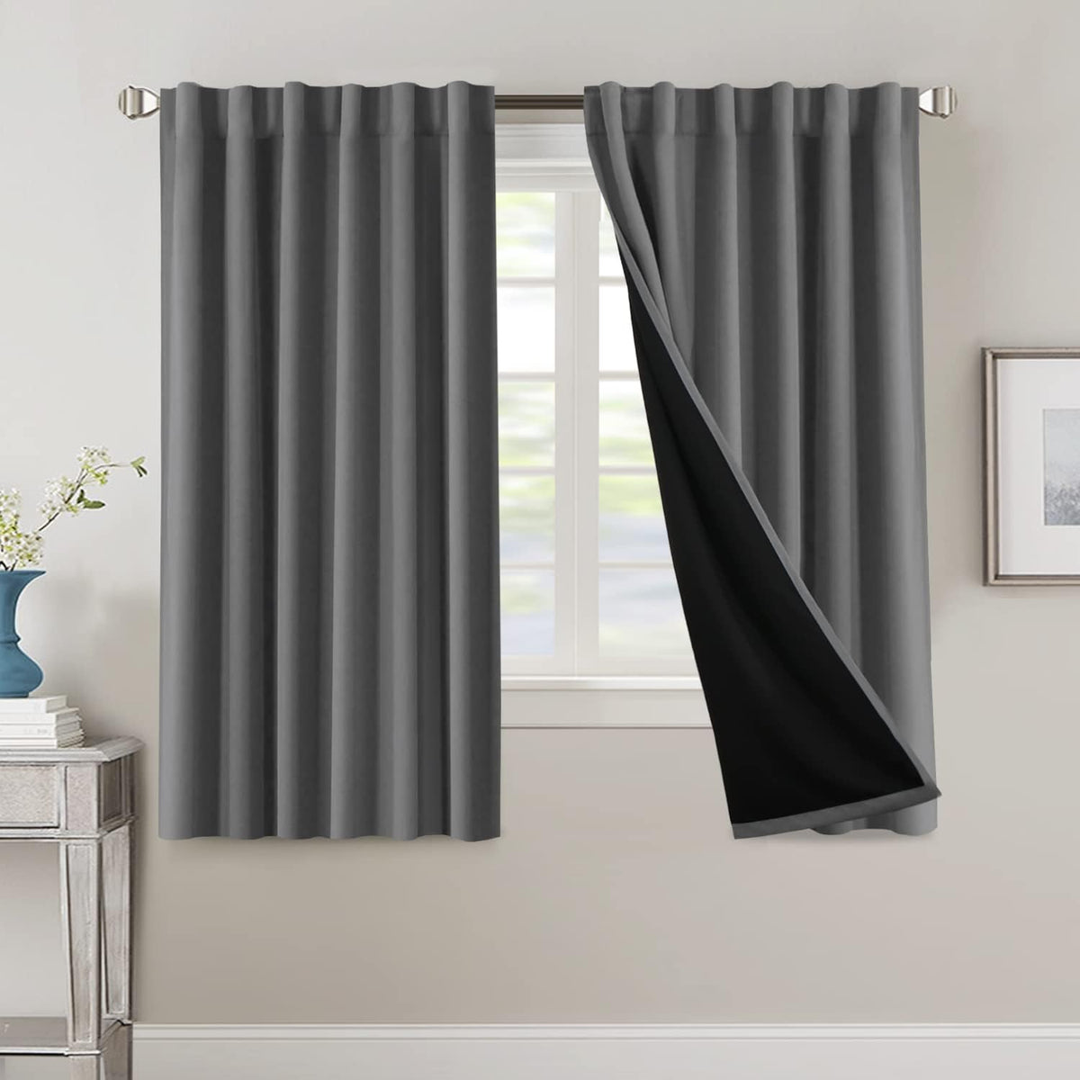 H.VERSAILTEX 100% Blackout Curtains for Bedroom with Black Liner Full Room Darkening Curtains 84 Inch Long Thermal Insulated Back Tab/Rod Pocket Window Drapes for Living Room, 2 Panels, Natural Sand