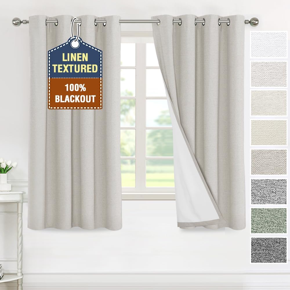H.VERSAILTEX Elegant Full Coverage Linen 100% Blackout Drapes Heat Blocking Curtains Bedroom Curtain- Ideal for Undisturbed Sleep & Energy Efficiency, 52x84 Inch, Heather Pale Oak(Not Solid)