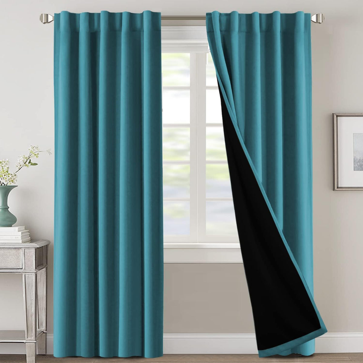 H.VERSAILTEX 100% Blackout Curtains for Bedroom with Black Liner Full Room Darkening Curtains 84 Inch Long Thermal Insulated Back Tab/Rod Pocket Window Drapes for Living Room, 2 Panels, Natural Sand