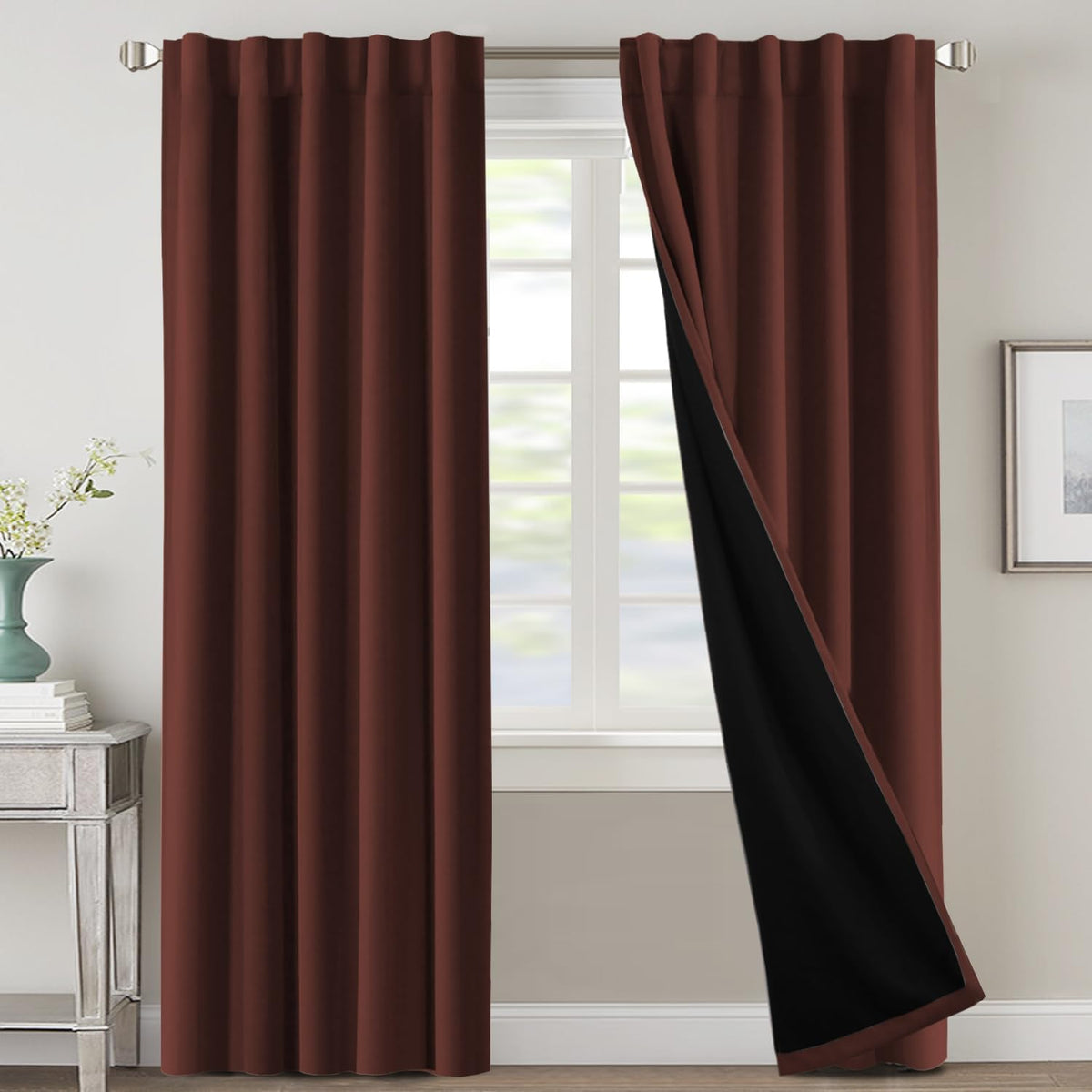H.VERSAILTEX 100% Blackout Curtains for Bedroom with Black Liner Full Room Darkening Curtains 84 Inch Long Thermal Insulated Back Tab/Rod Pocket Window Drapes for Living Room, 2 Panels, Natural Sand