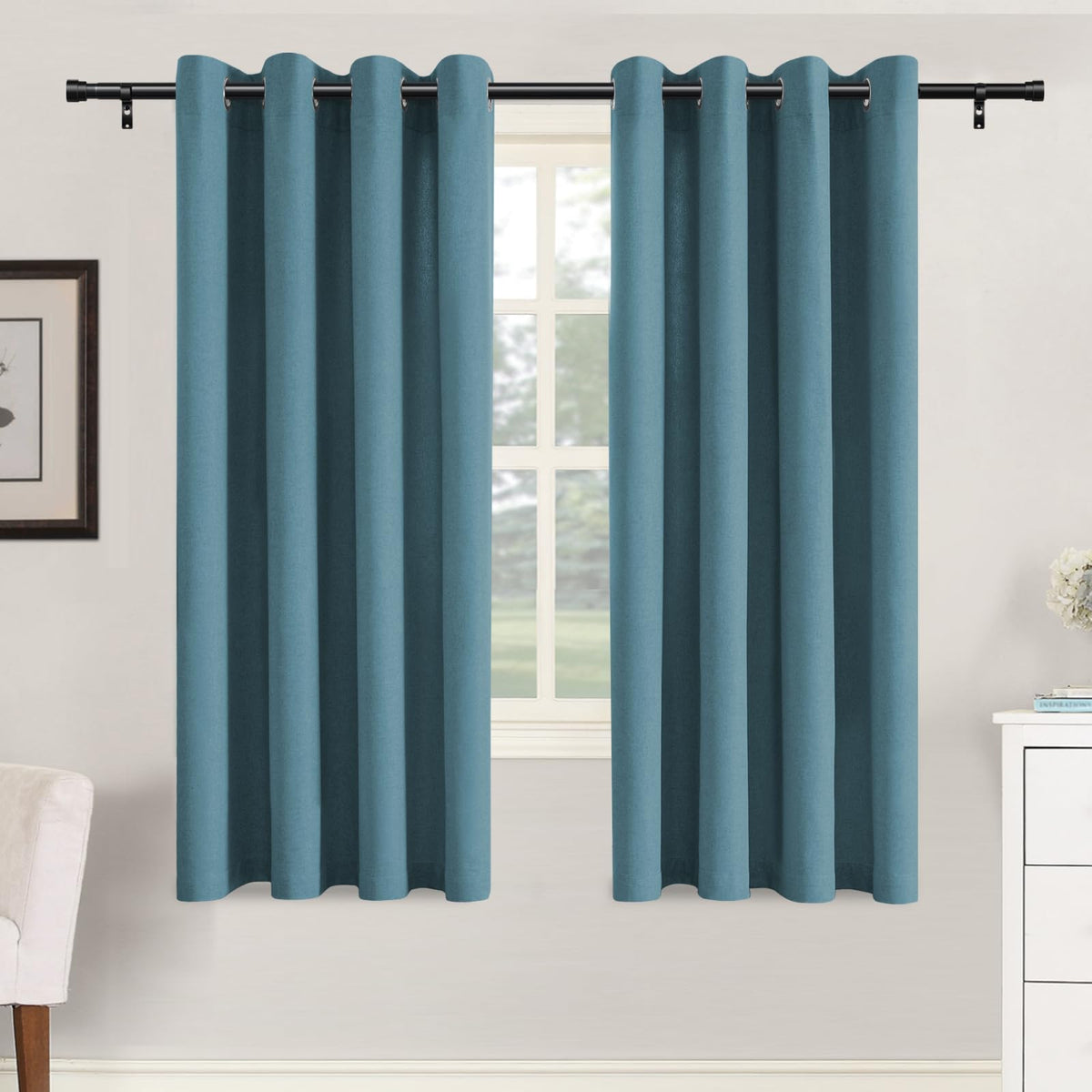 H.VERSAILTEX Grommet Natural Linen Textured Kitchen Curtains 45 inch Length, Thick Faux Linen Room Darkening Window Treatment Set for Farmhouse/Bedroom 52W x 45L,2 Panels,Heather Aqua