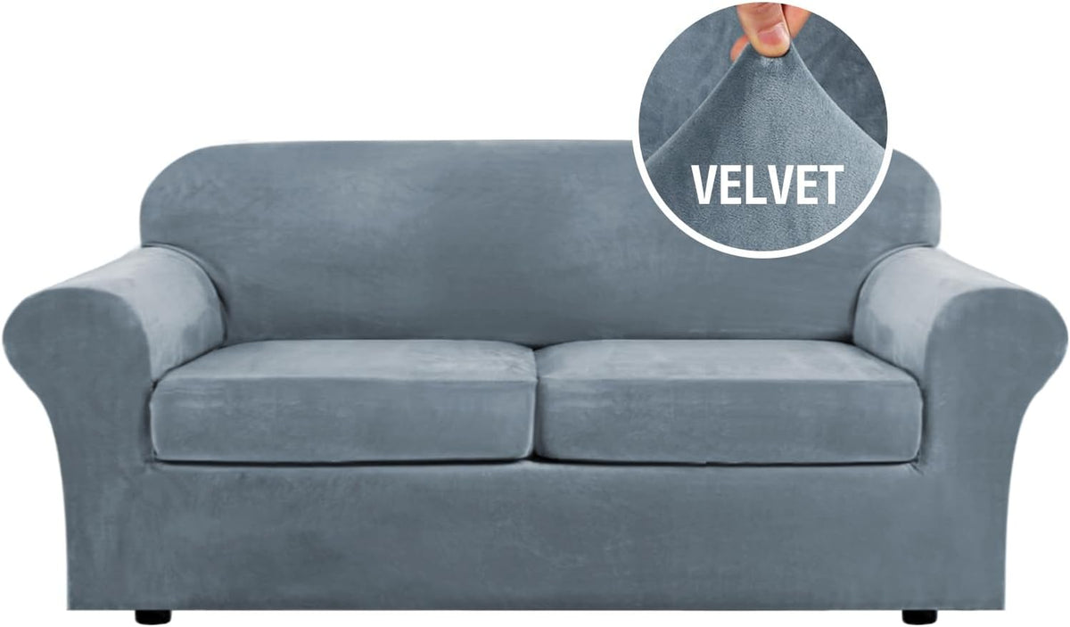 H.VERSAILTEX Modern Velvet Plush High Stretch Sofa Slipcover Furniture Protector Form Fit Luxury Thick Sofa Cover for 3 Cushion Couch, Machine Washable Width Up to 90 Inch