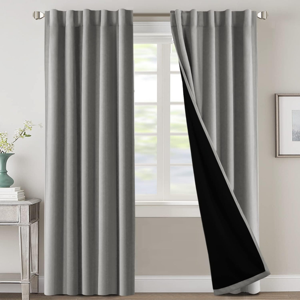 H.VERSAILTEX 100% Blackout Curtains for Bedroom with Black Liner Full Room Darkening Curtains 84 Inch Long Thermal Insulated Back Tab/Rod Pocket Window Drapes for Living Room, 2 Panels, Natural Sand