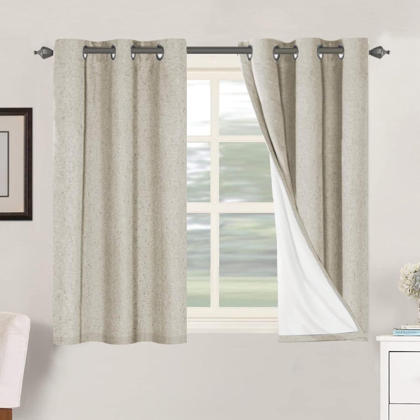 2pcs H.VERSAILTEX Blackout Linen Curtains, 100% Blackout Drapes Textured Blackout Curtains with White Thermal Insulated Liner, Grommet Top Curtains Living Room