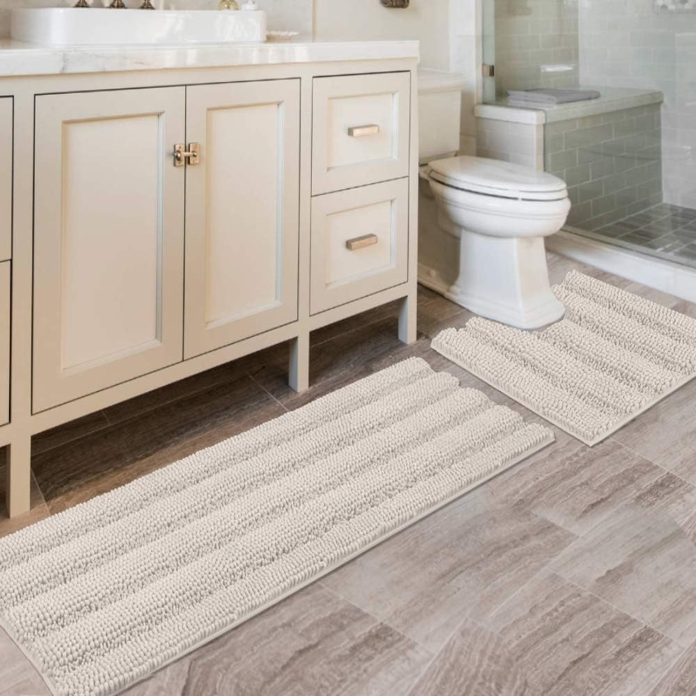 2pcs H.VERSAILTEX Sage Bathroom Rugs, Bath Mat Set of 2 Extra Thick Chenille Striped Pattern Shaggy Bath Rugs for Bathroom, Non Skid Bath Mats for Bathroom Floor