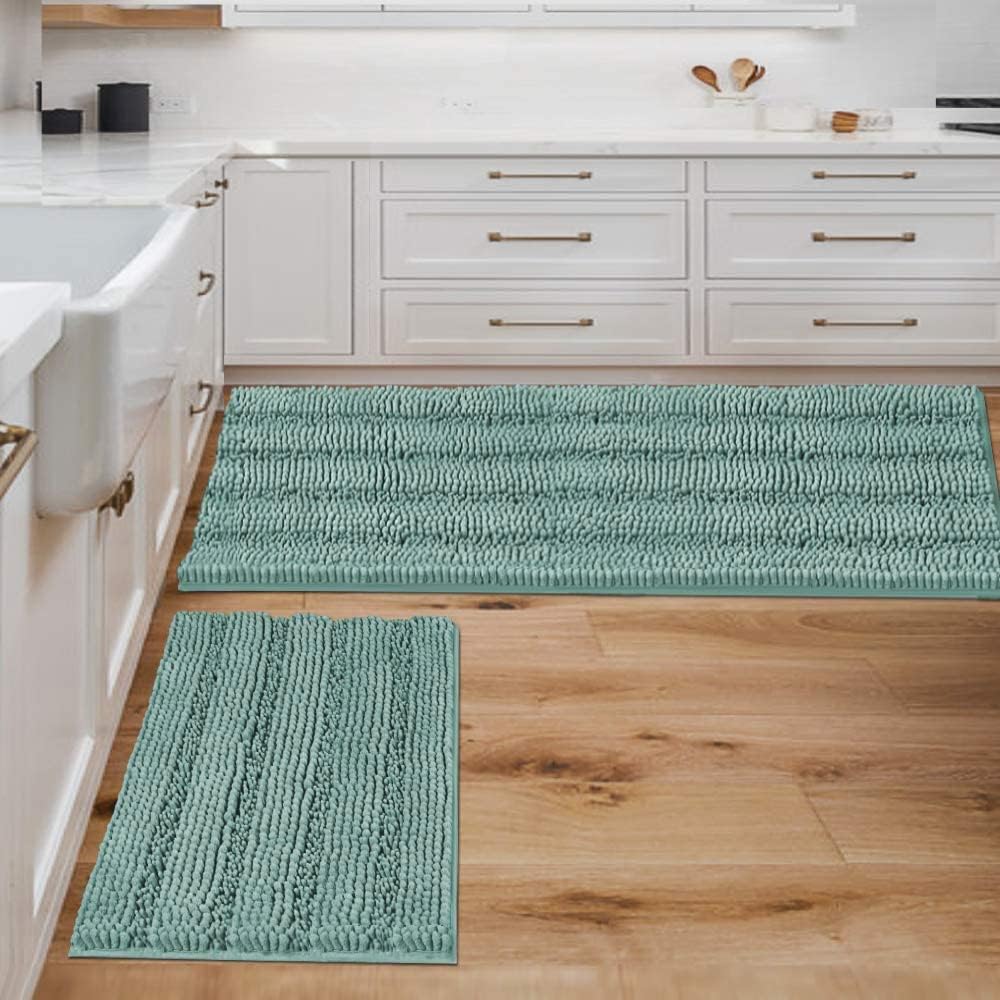 2pcs H.VERSAILTEX Sage Bathroom Rugs, Bath Mat Set of 2 Extra Thick Chenille Striped Pattern Shaggy Bath Rugs for Bathroom, Non Skid Bath Mats for Bathroom Floor