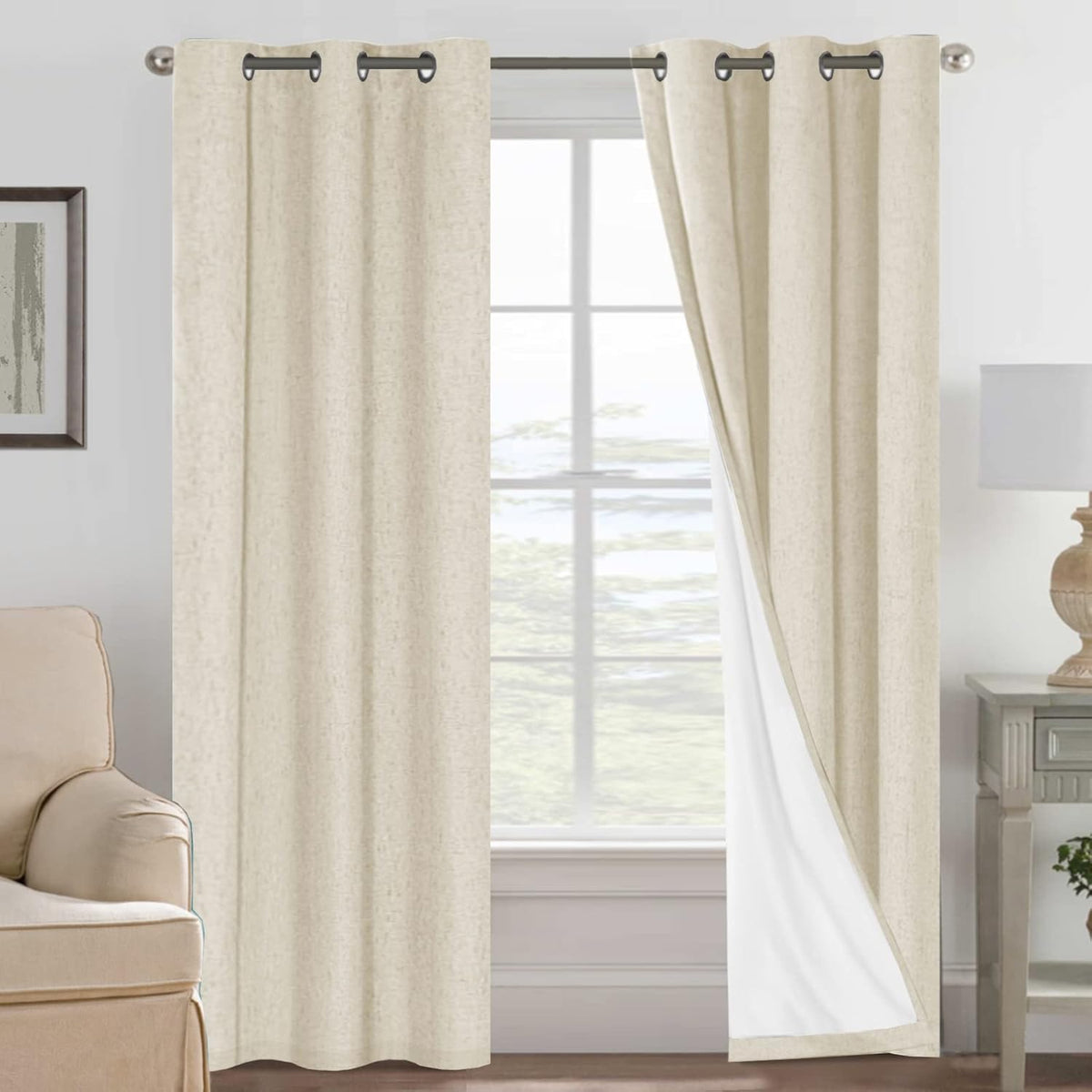 2pcs H.VERSAILTEX Blackout Linen Curtains, 100% Blackout Drapes Textured Blackout Curtains with White Thermal Insulated Liner, Grommet Top Curtains Living Room