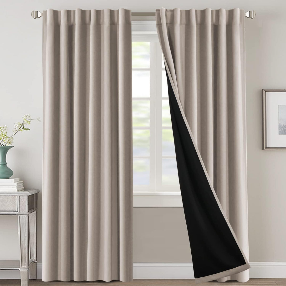 H.VERSAILTEX 100% Blackout Curtains for Bedroom with Black Liner Full Room Darkening Curtains 84 Inch Long Thermal Insulated Back Tab/Rod Pocket Window Drapes for Living Room, 2 Panels, Natural Sand