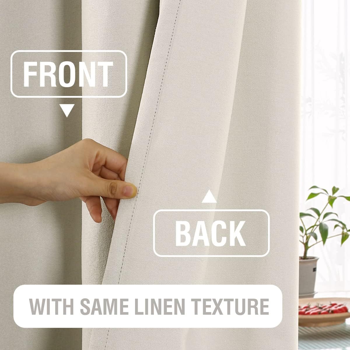 H.VERSAILTEX 100% Blackout Linen Curtains, Thermal Curtains for Living Room & Bedroom, Textured Burlap Curtains with Double Face Linen, Grommet Top, 52 x 84 Inch, 2 Panels - Heather Ivory