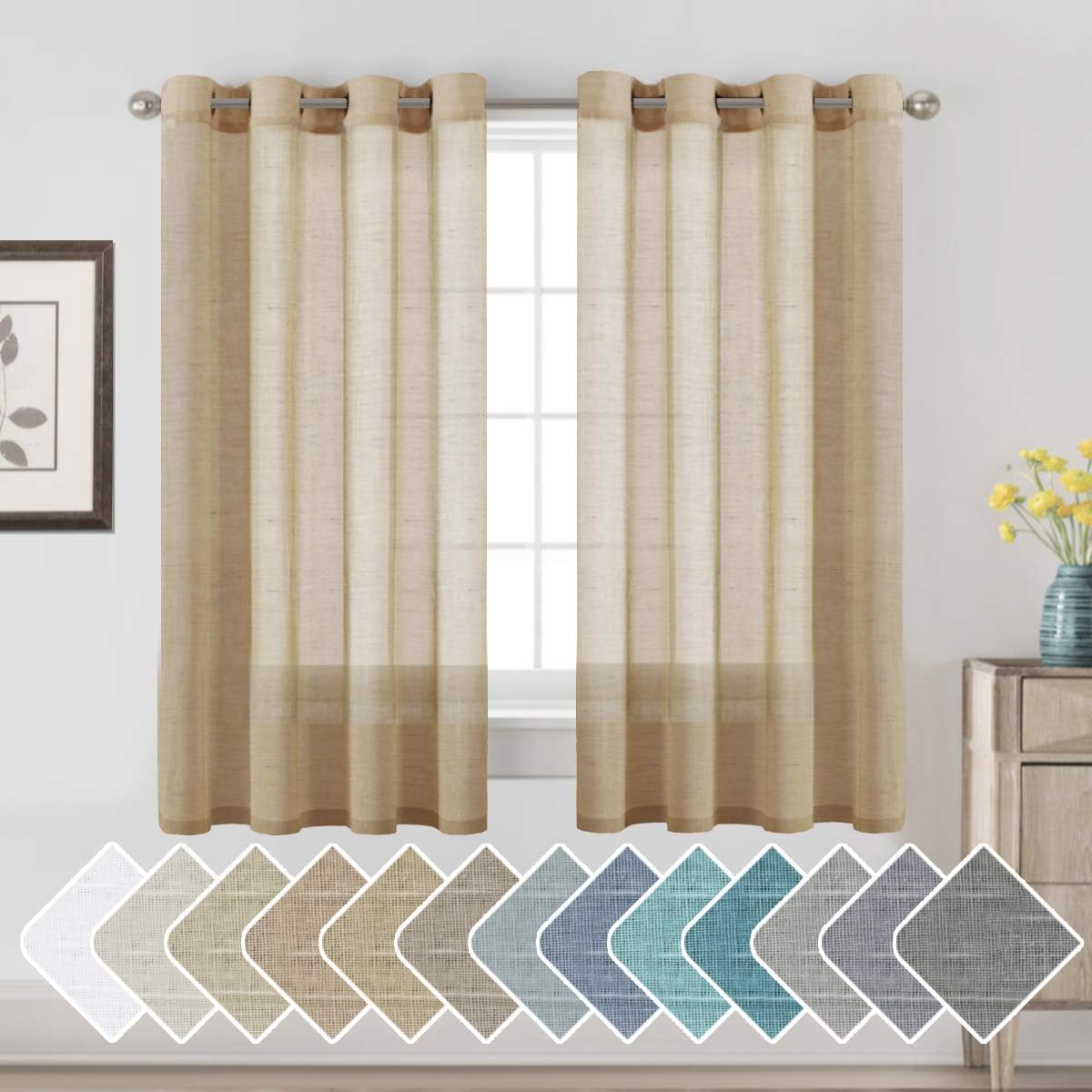 2pcs H.VERSAILTEX Natural Linen Sheer Curtains Flax Linen Blended Curtain Panels Living Room Sheer Curtains, Nickel Grommet Semitransparent Semi-Sheer Soft Privacy Drapes