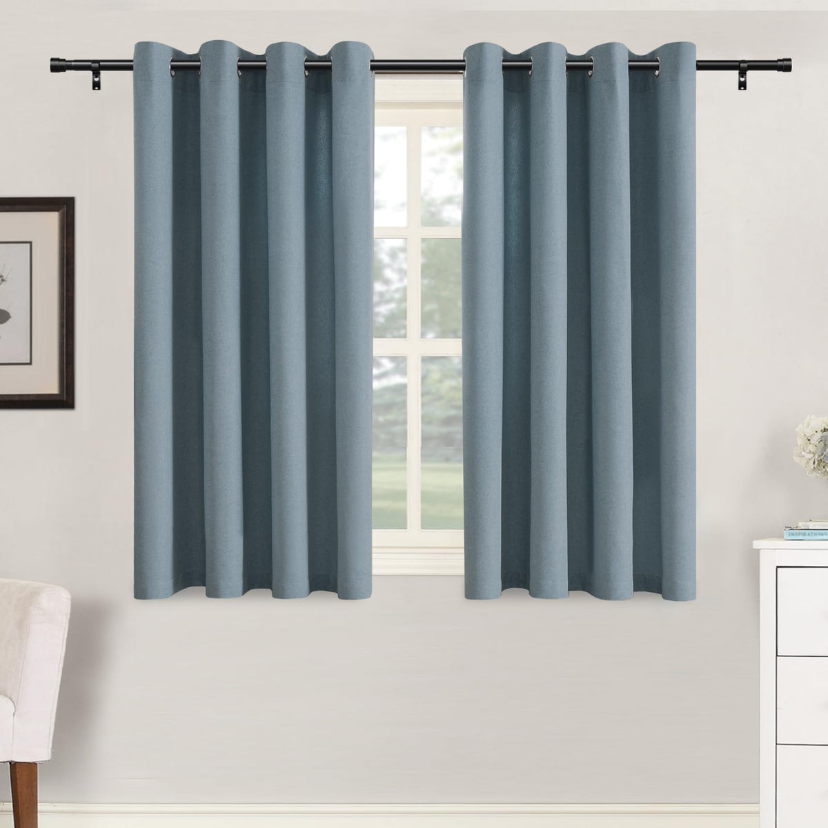 H.VERSAILTEX Grommet Natural Linen Textured Kitchen Curtains 45 inch Length, Thick Faux Linen Room Darkening Window Treatment Set for Farmhouse/Bedroom 52W x 45L,2 Panels,Heather Aqua
