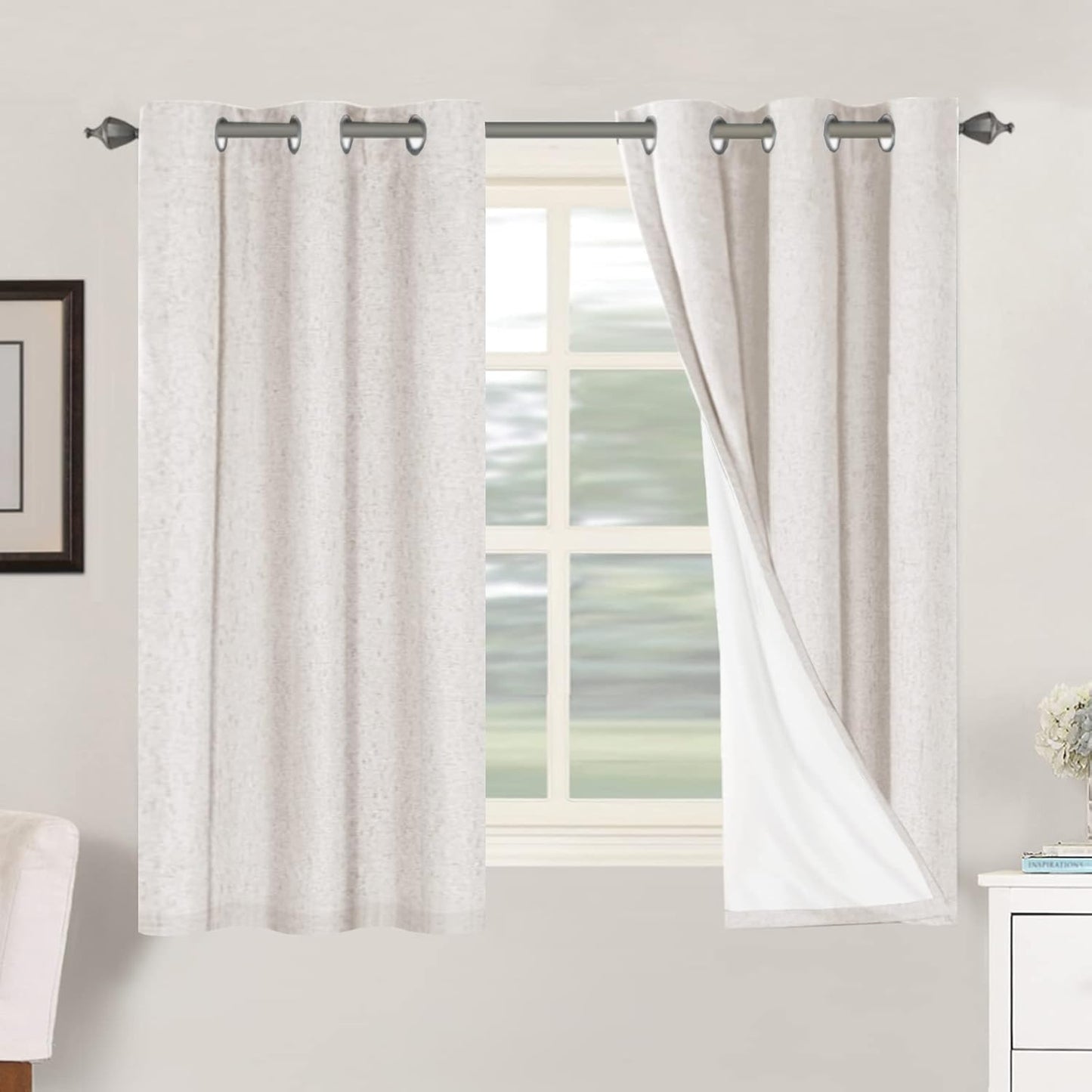 2pcs H.VERSAILTEX Blackout Linen Curtains, 100% Blackout Drapes Textured Blackout Curtains with White Thermal Insulated Liner, Grommet Top Curtains Living Room