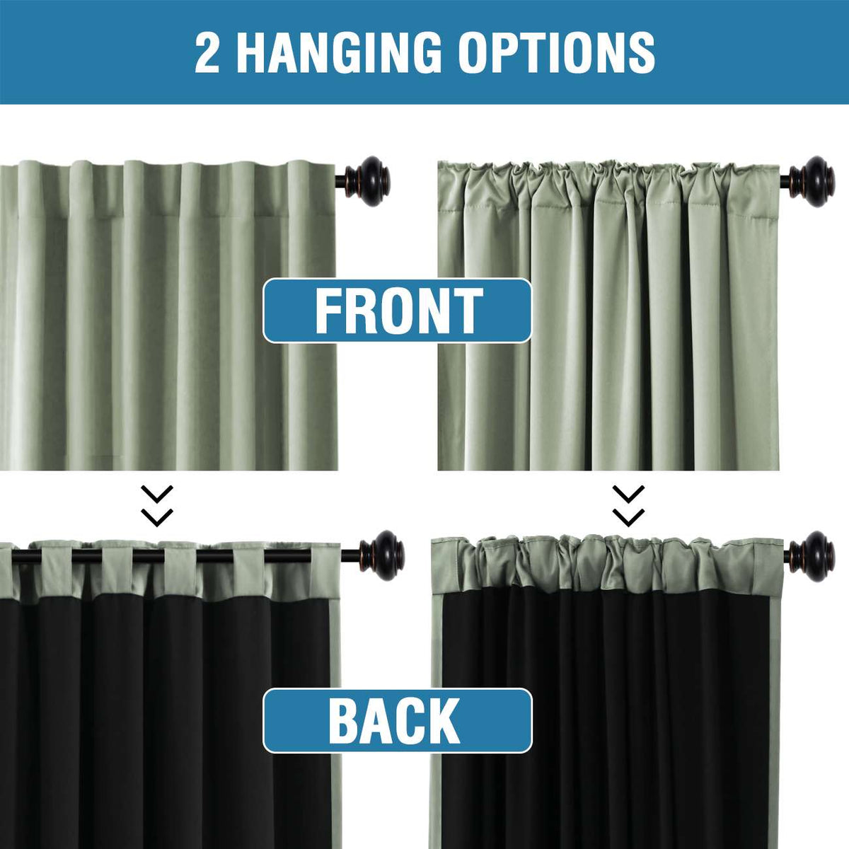 Turquoize Classic 100% Blackout Curtains, Sage Solid Print, 2 Panels, 42 x 63 In