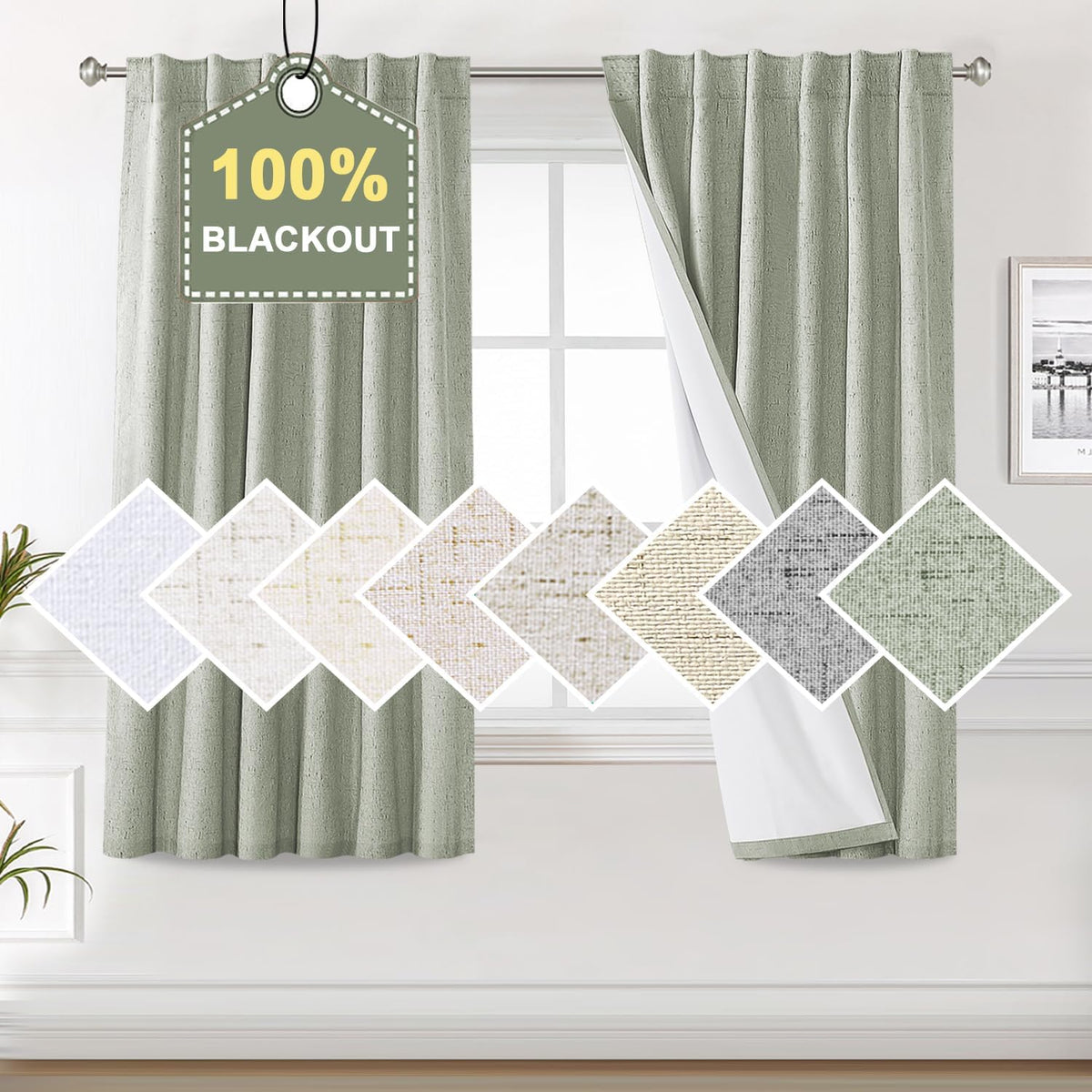 100% Blackout Curtains for Bedroom Faux Linen Texture Thermal Back Tab/Rod Pocket/Hook Belt Draperies 2 Panels