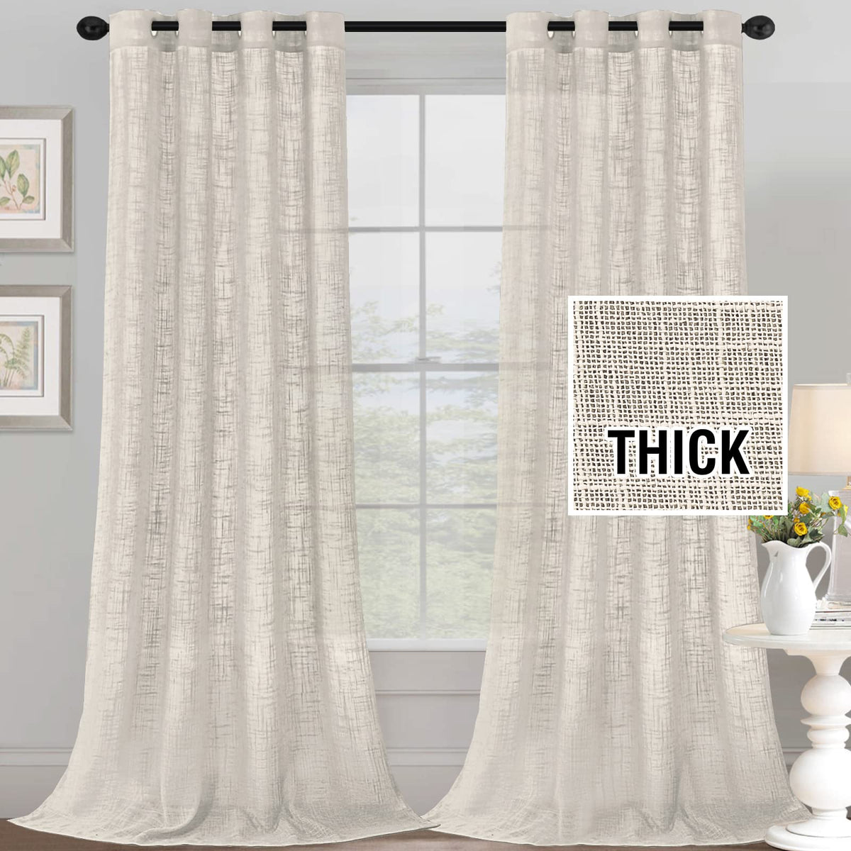 h.versailtx Linen Blended Curtains Natural Linen Textured Light Filtering Nickel Grommet 2 Panel Sets product image