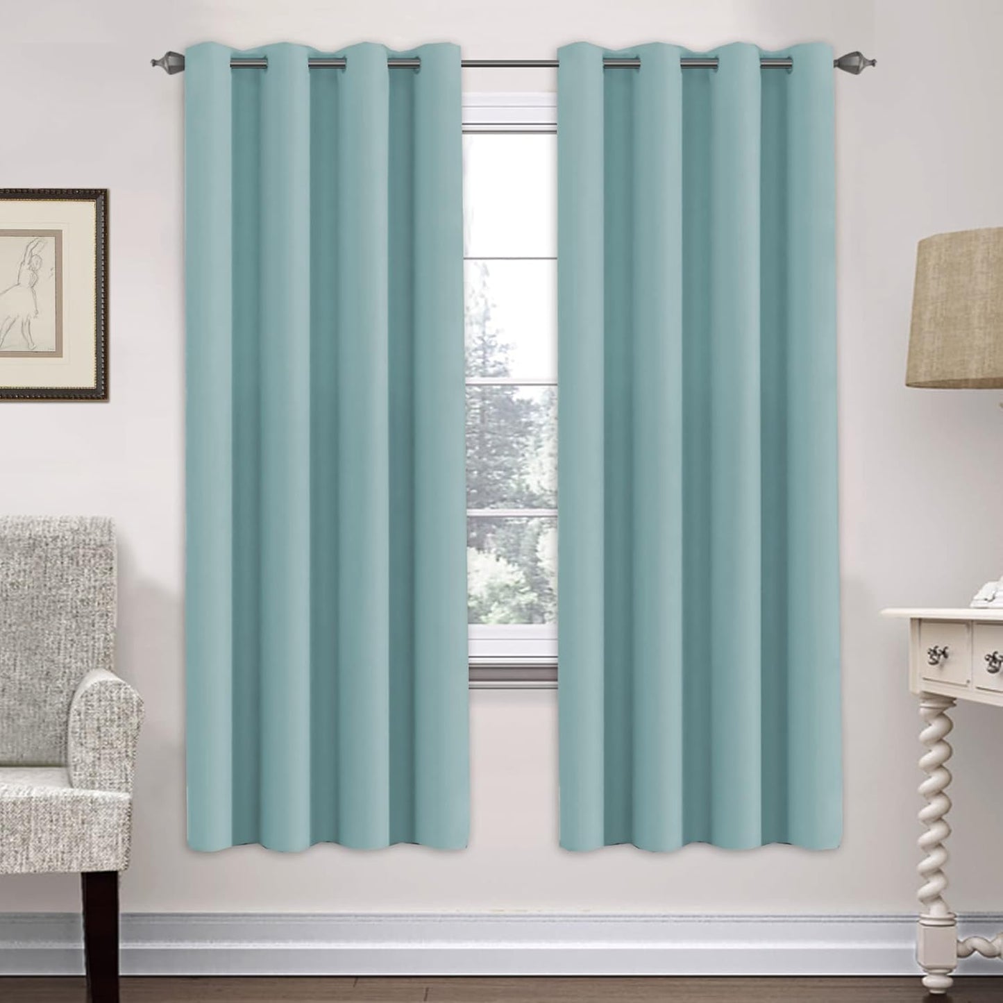 H.VERSAILTEX Stone Blue Blackout Curtains for Bedroom/Living Room 2 Panels Set - Thermal Insulated Room Darkening Grommet Top Blue Curtains