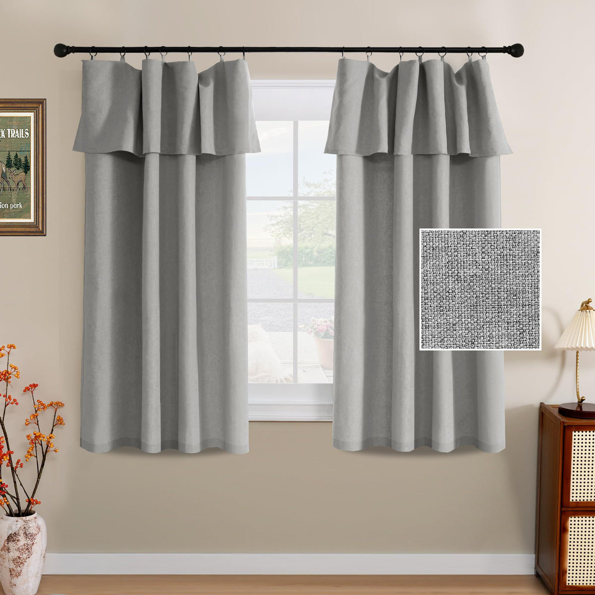 H.VERSAILTEX Linen Curtains with Valance 84 Inch Long 2 Panels Farmhouse Boho Privacy Window Curtains for Living Room Bedroom Ring/Rod Pocket Privacy Light Filtering Drapes, 52x 84 Inch, Heather Sage