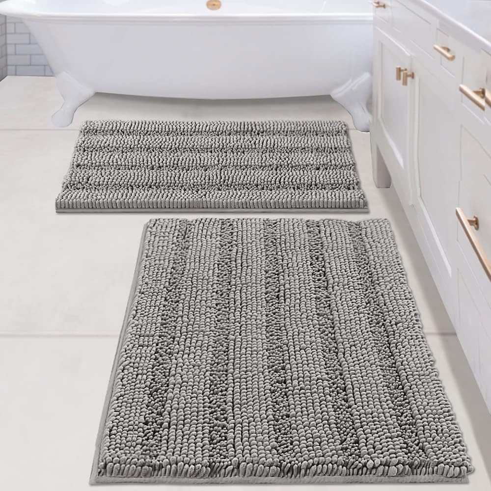 2pcs H.VERSAILTEX Sage Bathroom Rugs, Bath Mat Set of 2 Extra Thick Chenille Striped Pattern Shaggy Bath Rugs for Bathroom, Non Skid Bath Mats for Bathroom Floor