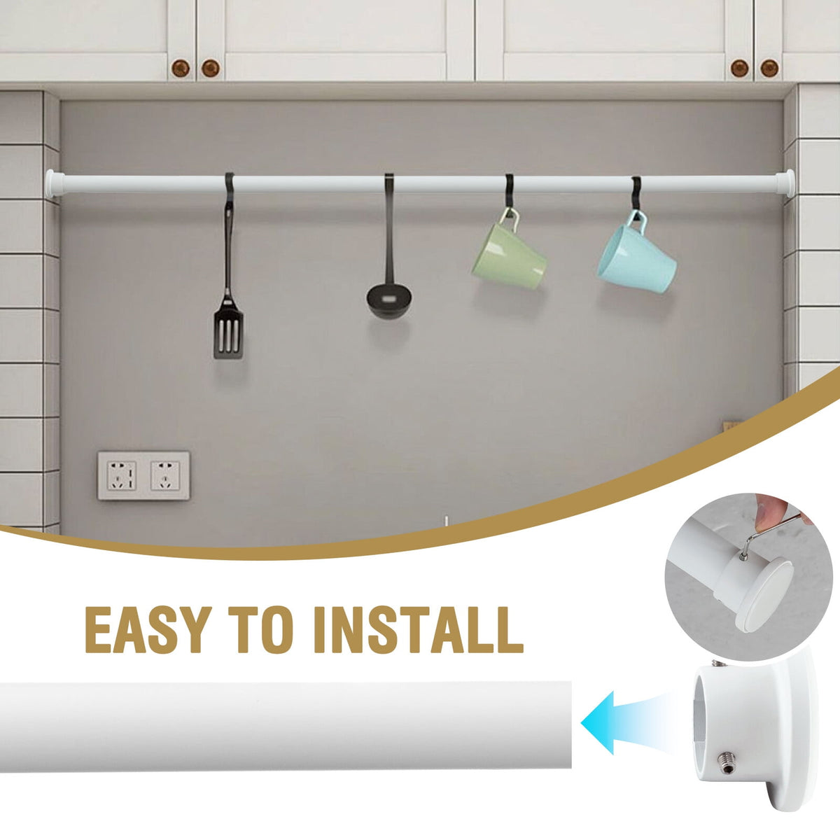 H.VERSAILTEX Single Shower Curtain Rod Non Slip Adjustable 26-78 inch with Spring Tension for Bathroom，White