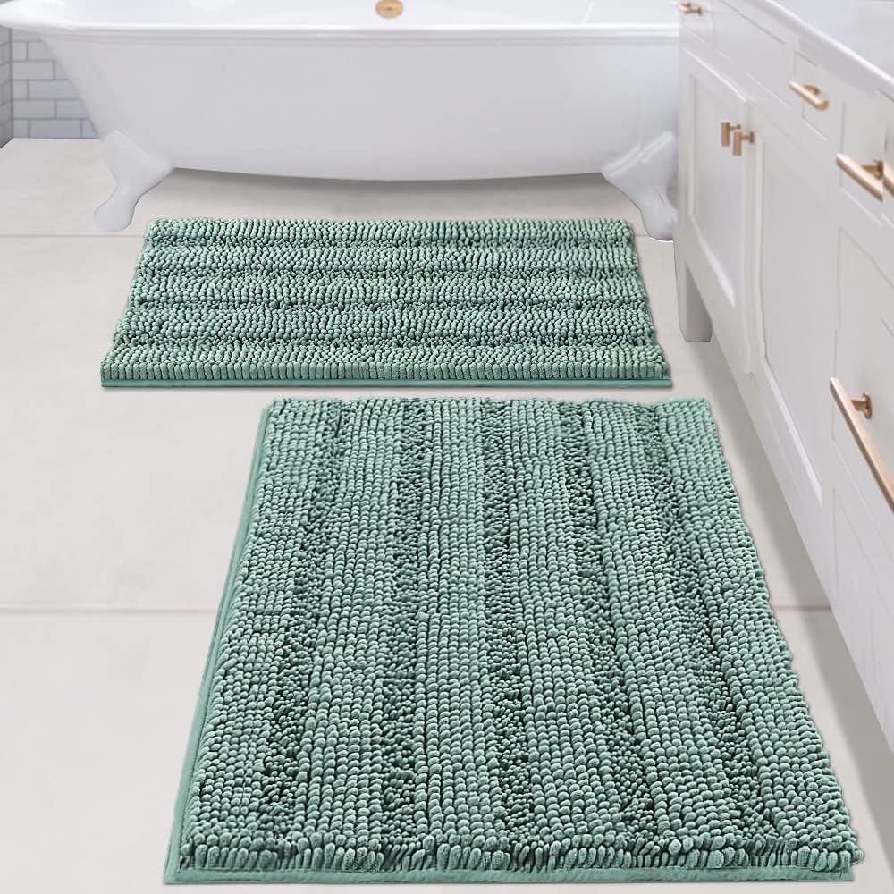 2pcs H.VERSAILTEX Sage Bathroom Rugs, Bath Mat Set of 2 Extra Thick Chenille Striped Pattern Shaggy Bath Rugs for Bathroom, Non Skid Bath Mats for Bathroom Floor