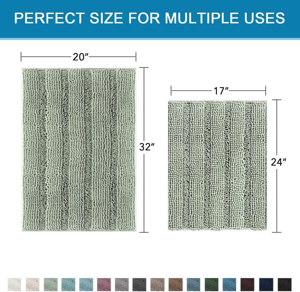 2pcs Sage Bathroom Rugs, Bath Mat Set of 2 Extra Thick Chenille Striped Pattern Shaggy Bath Rugs for Bathroom